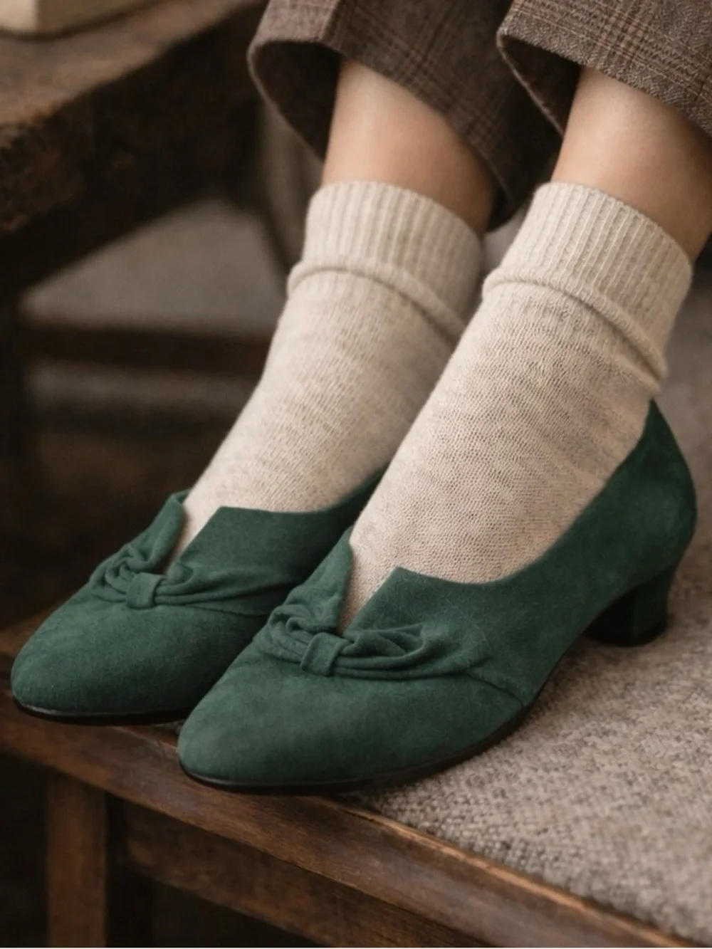 Hotter Donna Green‎ Suede Comfort Heels Low Block Heel Bow Size 6.5